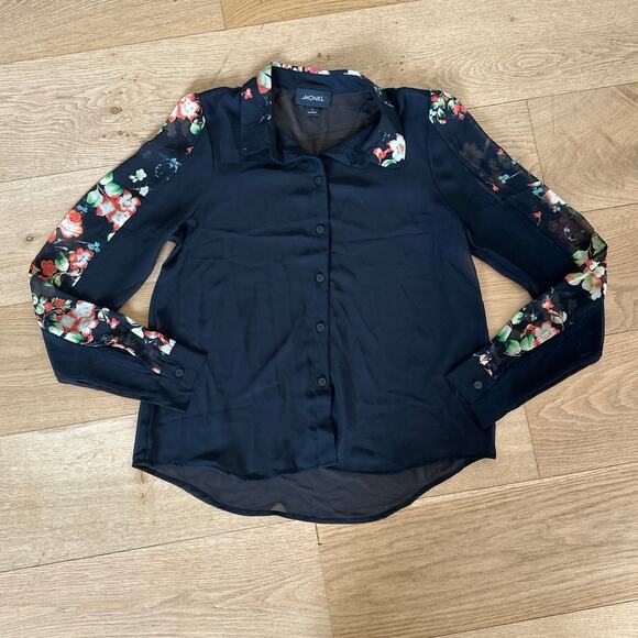 MONKL - Floral Sleeve Sheer Button front Blouse in Black & Pink - Picture 1 of 5